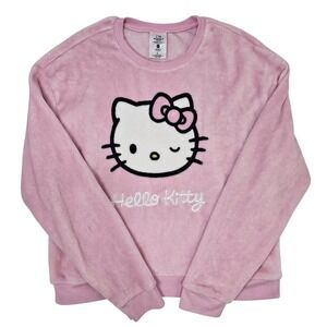 Hello Kitty Sanrio Pink Plush Fleece Sweatshirt Winking Face Hybrid Apparel L